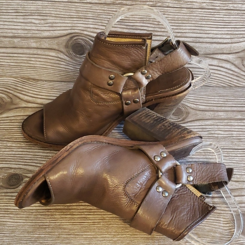 Frye Izzy Gray/brown Leather Open Toe Sling Back Harnes High Heel Booties 6 - Picture 6 of 8